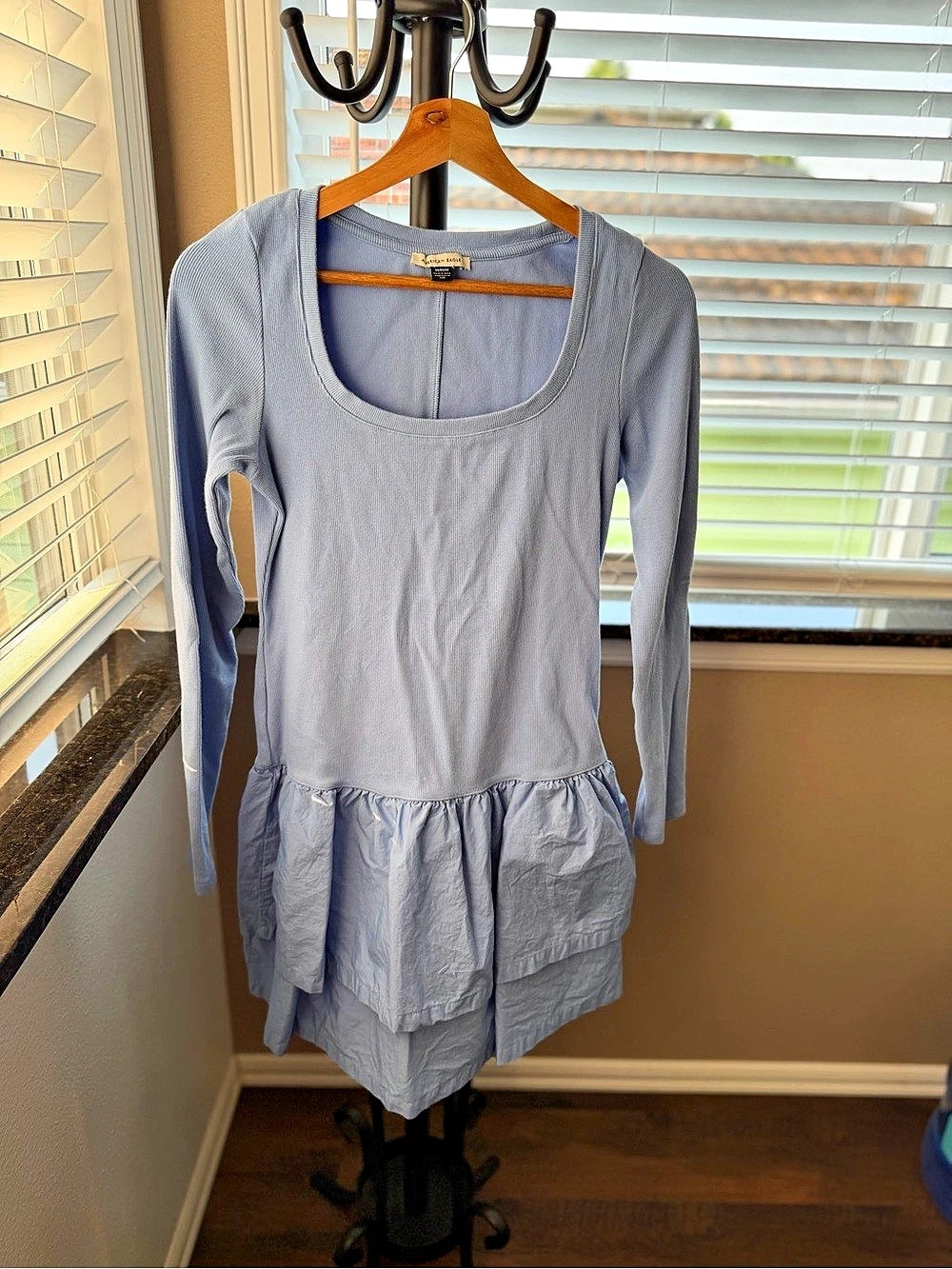 American Eagle Outfitters AE Scoop Neck Knit Ruffle Mini Dress Blue Medium Like